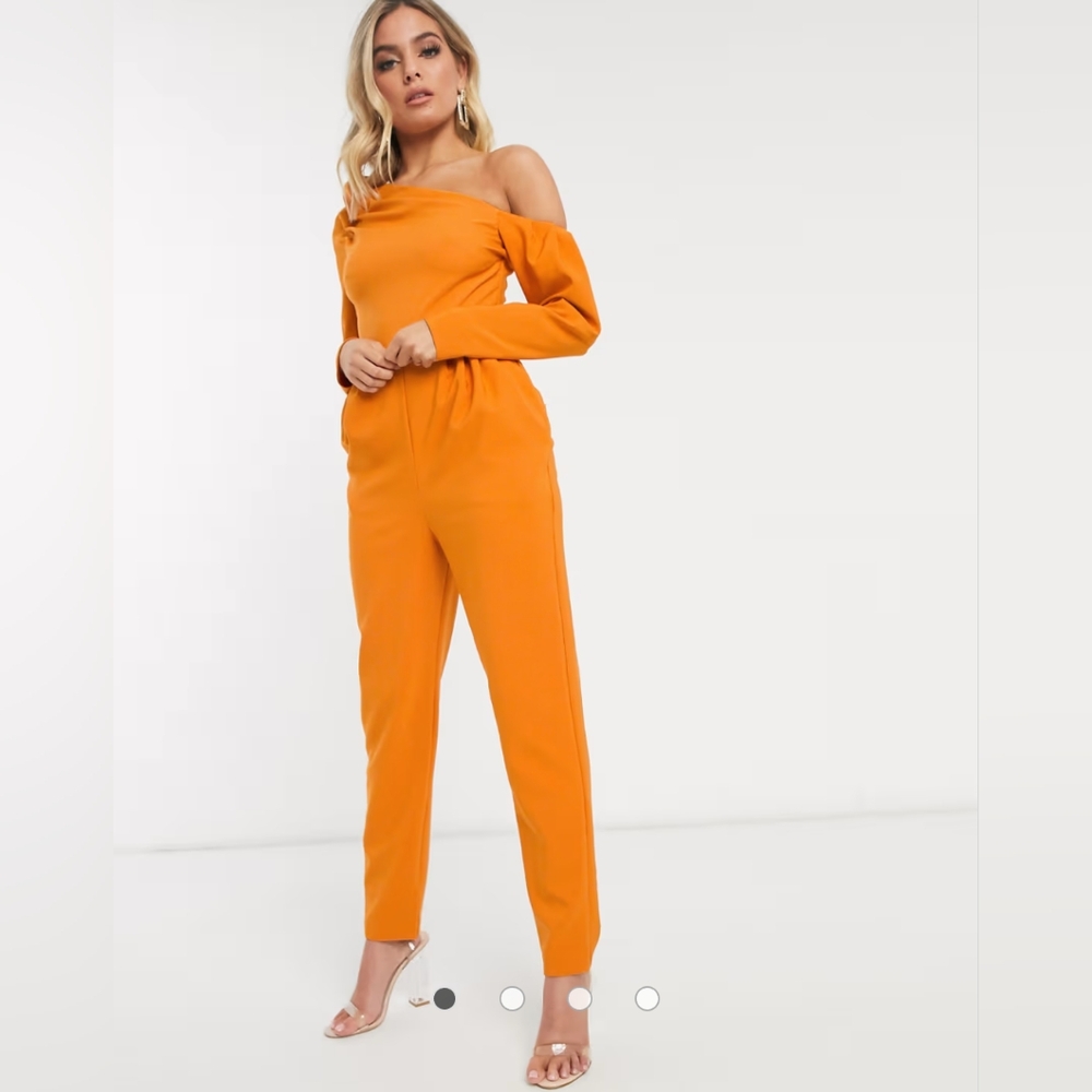 ASOS DESIGN Vibrant Orange Off-Shoulder Jumpsuit with Tapered Legs